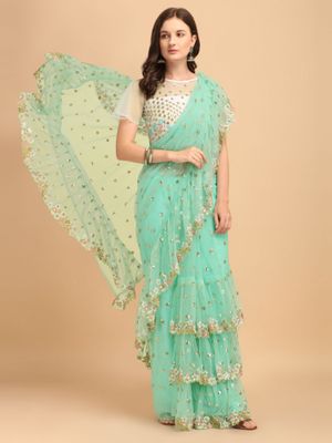Green Embroidered Net Silk Saree With Unstitched Blouse Piece