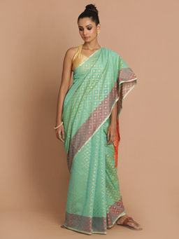 Indethnic - Banarasi Green Woven Design Party Wear Saree With Unstitched Blouse