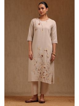 Soch - Womens Beige Linen Floral Print Kurta With Pant