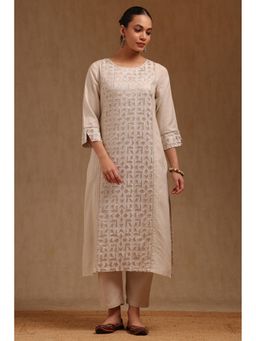 Soch - Womens Beige Linen Embroidered Kurta With Pant Thread Work