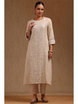 Soch - Womens Beige Linen Embroidered Kurta With Pant Thread Work