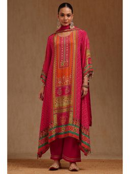 Soch - Womens Fuchsia Crepe Ethnic Motifs Kurta With Pant & Dupatta Mirror Work