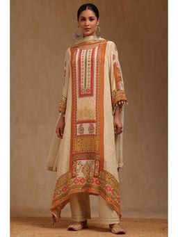 Soch - Womens Cream Crepe Ethnic Motifs Kurta With Pant & Dupatta Mirror Work
