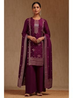 Soch - Womens Wine Brocade Ethnic Motifs Kurta With Pant & Dupatta Zari Woven