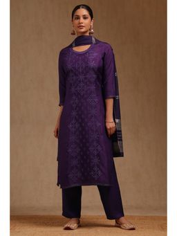 Soch - Womens Purple Dola Silk Embroidered Kurta With Pant & Dupatta Thread Work