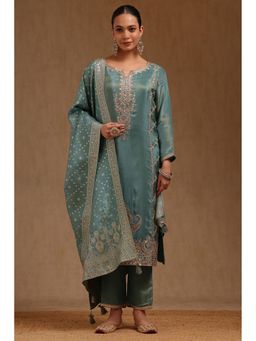 Soch - Womens Turquoise Blue Tissue Embroidered Kurta With Pant & Dupatta Stone Work