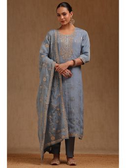 Soch - Womens Powder Blue Tissue Embroidered Kurta With Pant & Dupatta Sequins