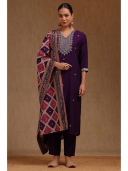 Soch - Womens Purple Viscose Georgette Embroidered Kurta With Pant & Dupatta Zari