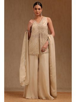 Soch - Womens Off White Tissue Embroidered Kurta With Palazzo & Dupatta Cut Dana