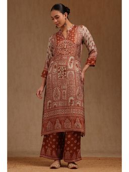 Soch - Womens Brown Dola Silk Botanical Print Kurta & Pant With Thread Work
