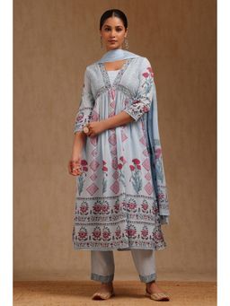 Soch - Womens Powder Blue Cotton Floral Print Kurta With Pant & Dupatta Cut Dana