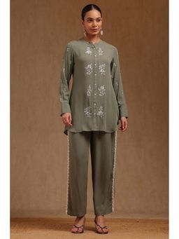 Soch - Womens Green Rayon Crepe Embroidered Co-Ord Set With Thread Work