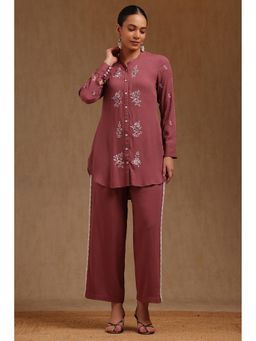 Soch - Womens Onion Pink Rayon Crepe Embroidered Co-Ord Set With Thread Work