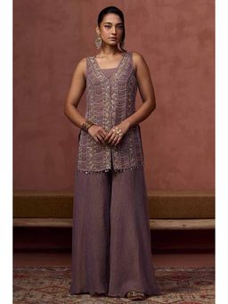 Soch - Womens Purple Tissue Embroidered Co-Ord Set With Cut Dana