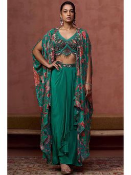 Soch - Womens Green Crepe Embroidered Co-Ord Set With Mirror And Stone