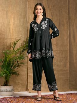 FASHOR - Floral Thread Work Embroidered A-Line Top With Pant - Black