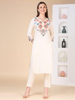 FASHOR - Floral Thread Work Embroidered Straight Fit Co-Ord Set - Off White