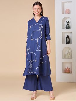 FASHOR - Embroidered A-Line Co-Ord Set - Navy Blue