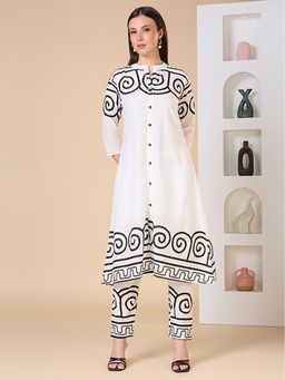 FASHOR - Geometric Printed A-Line Co-Ord Set - White