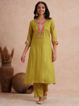 FASHOR - Embroidered A-Line Co-Ord Set - Lime Green