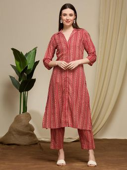 FASHOR - Ethnic Floral Printed Cotton A-Line Co-Ord Set - Maroon