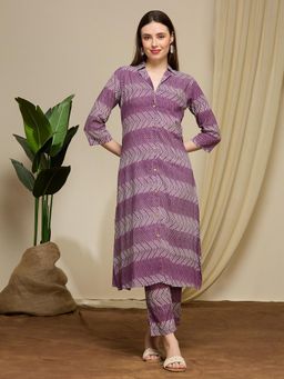 FASHOR - Ethnic Floral Printed Cotton A-Line Co-Ord Set - Purple