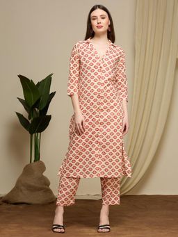 FASHOR - Ethnic Floral Printed Cotton A-Line Co-Ord Set - Cream