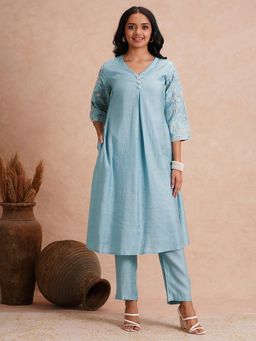 FASHOR - Tropical Thread Work Embroidered A-Line Co-Ord Set - Blue