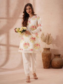FASHOR - Floral Printed Straight Fit Kurta With Pant - Off White