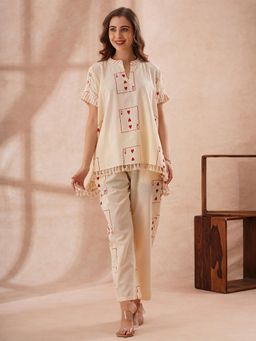 FASHOR - Printed Kaftan Cotton Flax Co-Ord Set - Cream