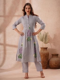 FASHOR - Floral Hand Painted A-Line Pleated Co-Ord Set - Blue