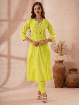FASHOR - Ethnic Printed And Floral Embroidered Straight Fit Co-Ord Set - Lime Green