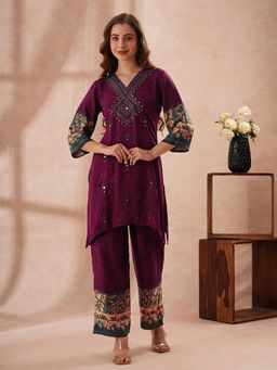 FASHOR - Floral Printed Embroidered A-Line Co-Ord Set - Burgundy