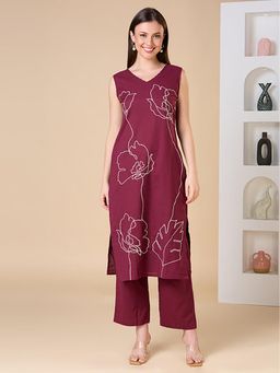 FASHOR - Floral Thread Work Embroidered Straight Fit Co-Ord Set - Burgundy