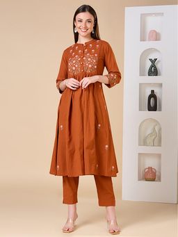 FASHOR - Floral Embroidered A-Line Kurta With Pant - Rust