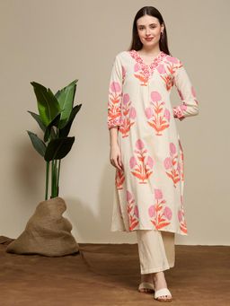 FASHOR - Floral Buta Printed Straight Cotton Flax Co-Ord Set - Off White