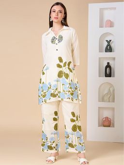 FASHOR - Floral Printed And Hand Embroidered A-Line Co-Ord Set - Cream