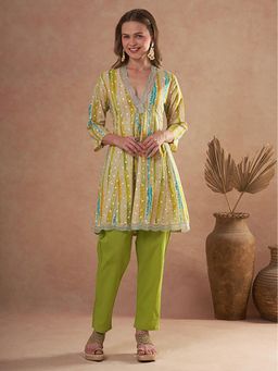 FASHOR - Ethnic Foil Printed A-Line Panelled Kurta With Pant - Multi-Color