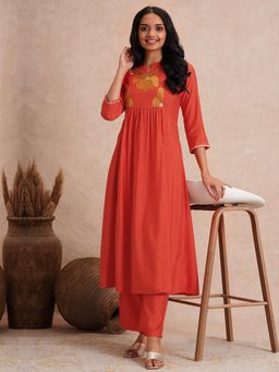 FASHOR - Floral Thread Work Embroidered A-Line Co-Ord Set - Orange