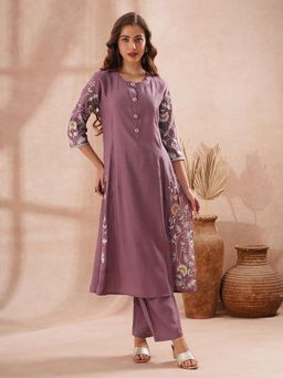 FASHOR - Zari Floral Embroidered A-Line Co-Ord Set - Purple