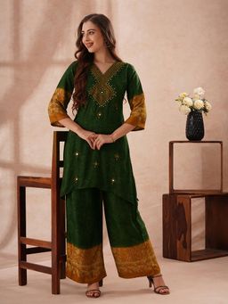 FASHOR - Festive Ethnic Mirror Embroidered A-Line Co-Ord Set - Green