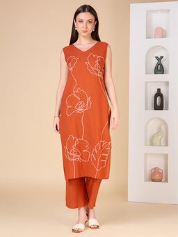 FASHOR - Floral Thread Work Embroidered Straight Fit Co-Ord Set - Rust