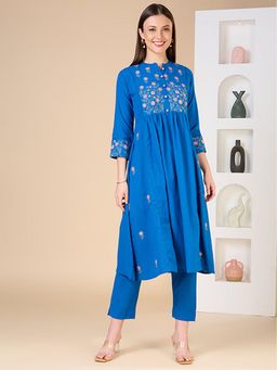 FASHOR - Floral Embroidered A-Line Kurta With Pant - Blue