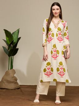 FASHOR - Floral Buta Printed Straight Cotton Flax Co-Ord Set - Off White