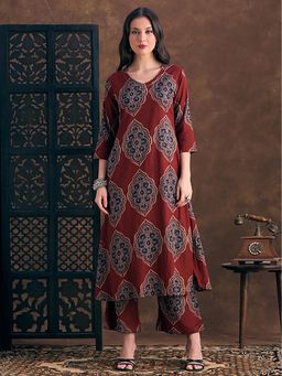 FASHOR - Ethnic Floral Printed A-Line Co-Ord Set - Maroon