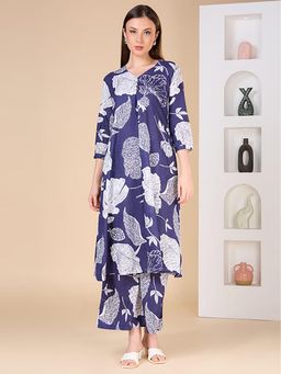 FASHOR - Floral Printed A-Line Co-Ord Set - Navy Blue