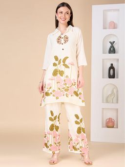 FASHOR - Floral Printed And Hand Embroidered A-Line Co-Ord Set - Cream