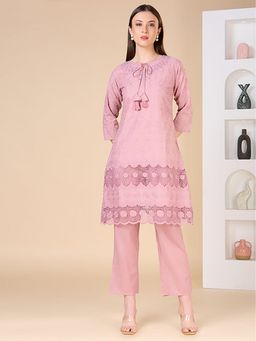 FASHOR - Floral Thread Work Embroidered A-Line Kurta With Pant - Pink