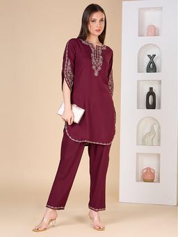 FASHOR - Ethnic Embroidered Straight Fit Co-Ord Set - Burgundy