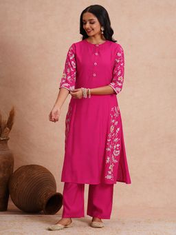 FASHOR - Zari Floral Embroidered A-Line Co-Ord Set - Pink